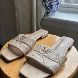 Prada Quilted Leather Slide Mules in Light Beige